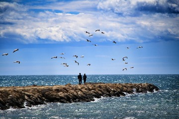 Walking day on a breakwater under the sun