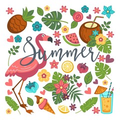 Summer symbols food and drink flamingo and tropical fruits