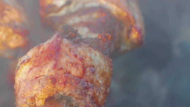 Meat On Skewer Roasting On The Fire