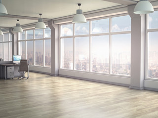 Modern office interior with panoramic windows. 3D render