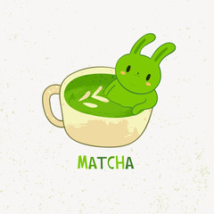 Cute kawaii rabbit sitting in the cup with green matcha tea like in the bath tub. Hand drawn cute colored vector illustration. Flat design. Trendy style