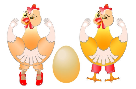 Multi-sex chickens are smiling and enjoying a fresh egg. Young chicks rejoice at their birth.