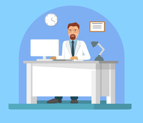 Medicine concept.Practitioner doctor man hospital medical office.Consultation and diagnosis.Man sitting at the table in the office.