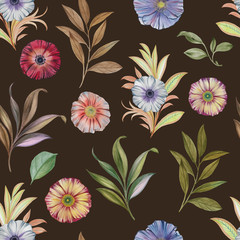 Ornament of flowers. Seamless floral watercolor. Hand painted watercolor flowers illustrations. Seamless botanical watercolor exotic floral pattern. Elegant  flowers art design.