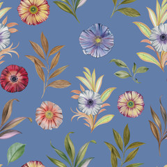 Seamless watercolor  flowers and leaves. Hand painted flowers of different colors. Hand painted watercolor illustration. Seamless botanical watercolor pattern.
