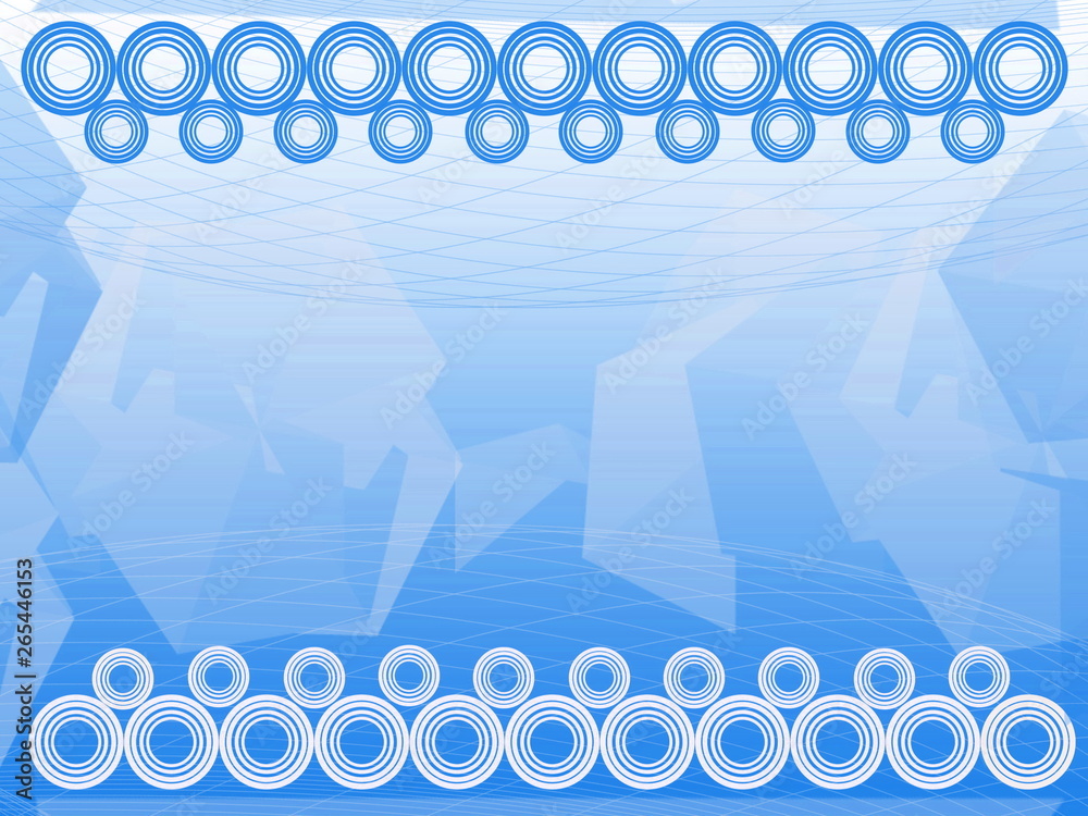Fototapete light blue circles connected in a row stand up in front of an light blue net and white circles conne