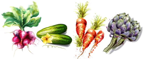 Fototapete Küche Rettich, Gurke, Karotten und Artischockengemüse Vektoraquarell isoliert auf Weiß