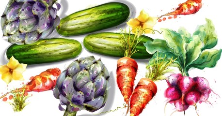 Artichoke and other vegetables pattern Vector watercolors
