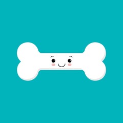 Vector icon of dog bone. Vector white icon on blue background. Kawaii bone. Cute character.