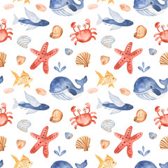 Watercolor seamless pattern with cute cartoon kids underwater creatures. Texture for invitations, party decorations, printable, wallpaper, scrapbooking, packaging, baby shower, travel.