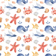 Wall murals Sea animals Watercolor seamless pattern with cute cartoon kids underwater creatures. Texture for invitations, party decorations, printable, wallpaper, scrapbooking, packaging, baby shower, travel.