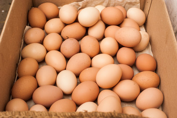 Many brown eggs in box. Chicken farm. Place for text. Preparation for Easter.