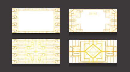 Set of luxury cards with a gold pattern in art deco style on a white background. Double-sided business cards. Objects separate from the background. Vector element for your design.