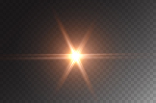 Star burst effect. Realistic yellow flare beam, spotlight isolated on transparent background. Vector bright spot light, glowing projector, car headlight or golden flash star.