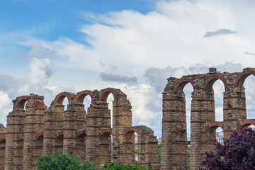 The famous roman aqueduct of the Miracles, Los Milagros, in Merida, province of Badajoz,...