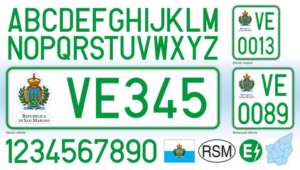 San Marino electric car license plate, letters, numbers and symbols