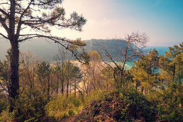 View of the ocean and rocky sea coast in the evening. Asturias, Spain