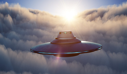 UFO alien spaceship is flying in sky above clouds at sunset. 3D rendered illustration. © vchalup