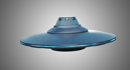 UFO alien spaceship on gray background. 3D rendered illustration.