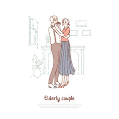 Married elderly couple, old husband and wife waltzing, positive lifestyle, happy retirement, nursing home banner