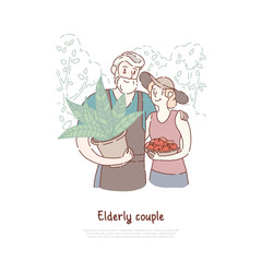 Happy old people, gardeners pair planting fruits and vegetables, woman holding fresh apples, rural lifestyle, husbandry banner