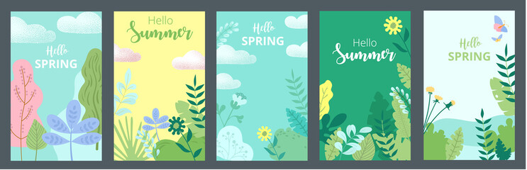 Hello spring. Hello summer. Set of green cards or flyers with floral print and flowers.