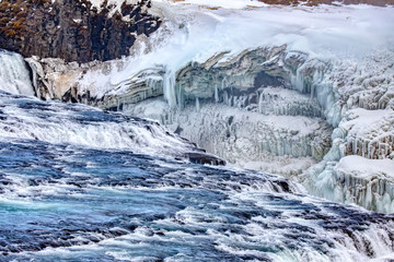 Gullfoss waterfall view during winter snow Iceland