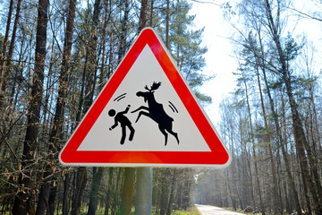 Sign about of wild moose on a forest road.