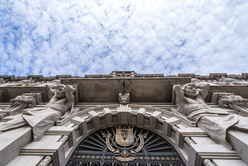 Details of front facade of City Hall of Porto in Portugal