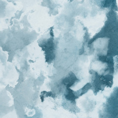 Colorful winter blue ink and watercolor textures on white paper background. Paint leaks and ombre effects. Hand painted abstract image. Deep sea.