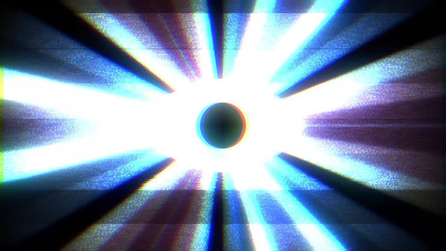 Intentional distortion artifacts (holographic transmission): a scary disquieting drawing of an eye, at the center of a rainbow pinwheel animation, moving rays of different colors.