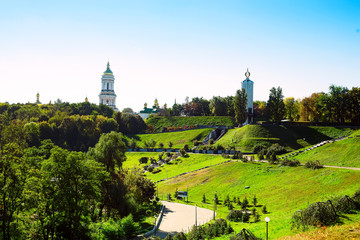 Kyiv , UA, 07.10.2018 - View of Kiev Pechersk Lavra and Memorial to the victims of the Holodomor. Old architecture in Kiev, Ukraine from the hills of the Kyiv Pechersk Lavra, Ukraine