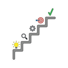 Vector icon concept of stairs with glowing light bulb idea, magnifying glass, gear, bulls eye with dart in the center and check mark. Black outlines and colored.