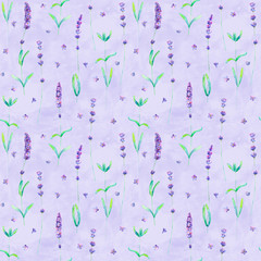Lavender flowers watercolor seamless pattern on purple background