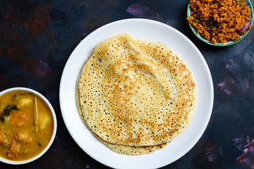 Dosa, sambal and sambar, famous food in South India and Sri lanka.