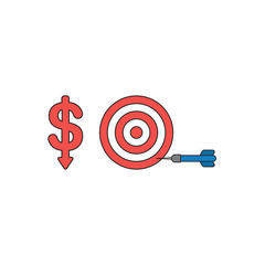 Vector icon concept of dollar symbol with arrow moving down and bulls eye with dart in the side. Black outlines and colored.