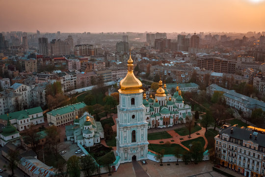 Aerial view of Sofievskaya Square and St. Sophia Cathedral in Kiev, Ukraine. Tourist Sight. Ukrainian baroque