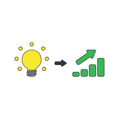 Vector icon concept of glowing light bulb idea with sales bar chart moving up. Black outlines and colored.
