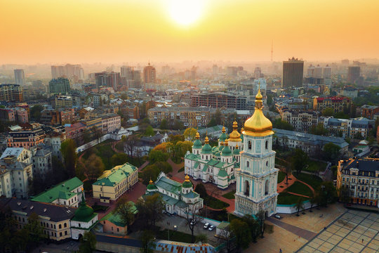 Aerial view of Sofievskaya Square and St. Sophia Cathedral in Kiev, Ukraine. Tourist Sight. Ukrainian baroque