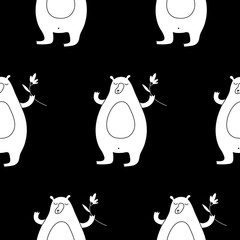 Cute cartoon summer bear background with hand drawn bears and flowers. Sweet vector black and white summer bear background. Seamless monochrome doodle summer bear background for textile and wrap.