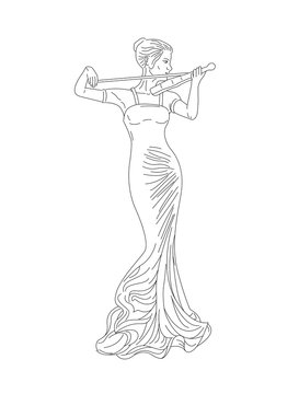 violinist woman in gown linear hand drawn illustration