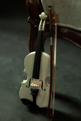 Little violinist, with a white violin, beautiful photography, on a dark background.