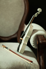 Little violinist, with a white violin, beautiful photography, on a dark background.