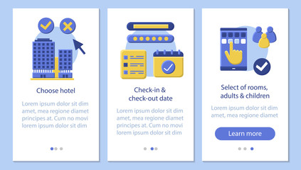 Hotel booking onboarding mobile app page screen vector template