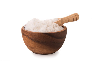 salt crystals in wooden bowl