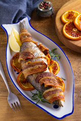 Grilled Bacon-Wrapped Whitefish. Fish wrapped with bacon