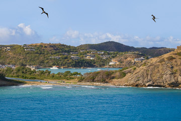 Coast Line and Entrance to Port of Antigua with Frigate Birds and Sail boats in the background. View from a cruise ship.