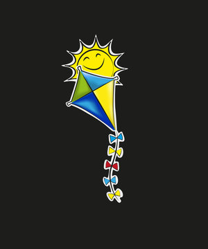 Hand holding kite over cloudy sky, freedom and easiness emotional concept,  modern style paper cut 3d illustration.