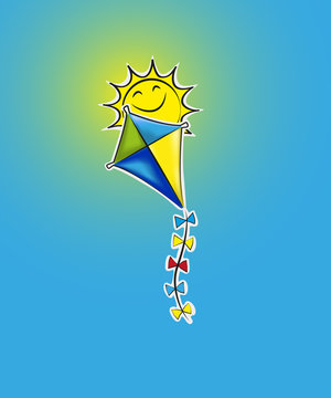 Sky vector design with white fluffy clouds, sun, blur, red flying kites on a clear summer day. Artistic background with space for text at the backdrop in blue and yellow pastel colors