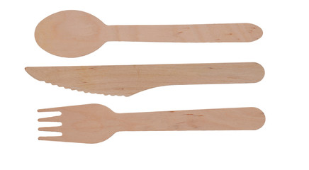 Wooden, disposable cutlery, tableware isolated on white background. Eco-friendly materials.
